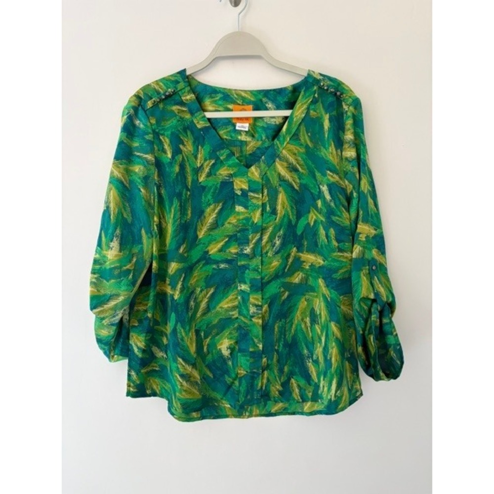 Ruby Rd Womens Green Tropical Palm Leaf Print V-Neck Roll Tab Sleeve Blouse 14